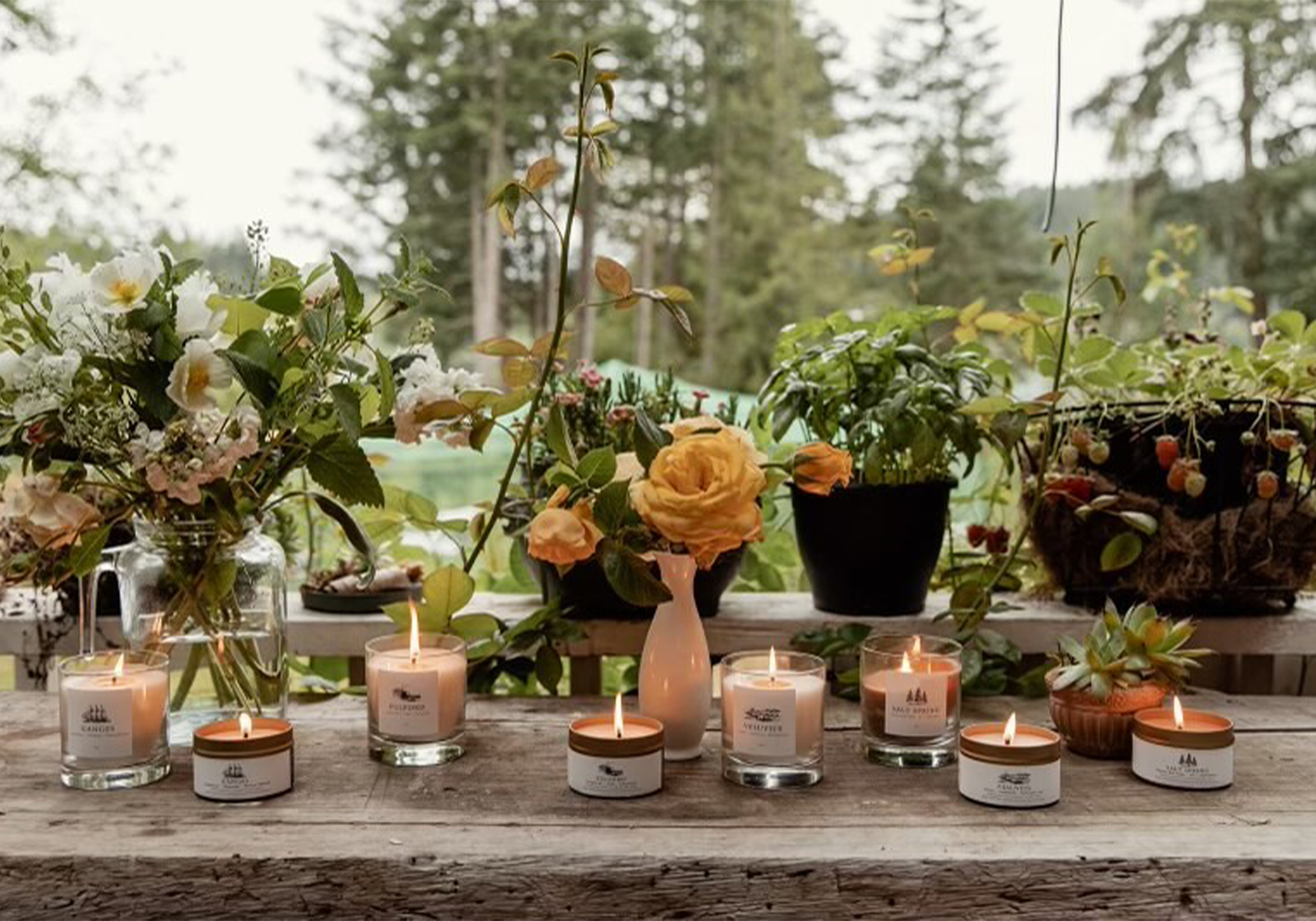 a table set with candles and flowers